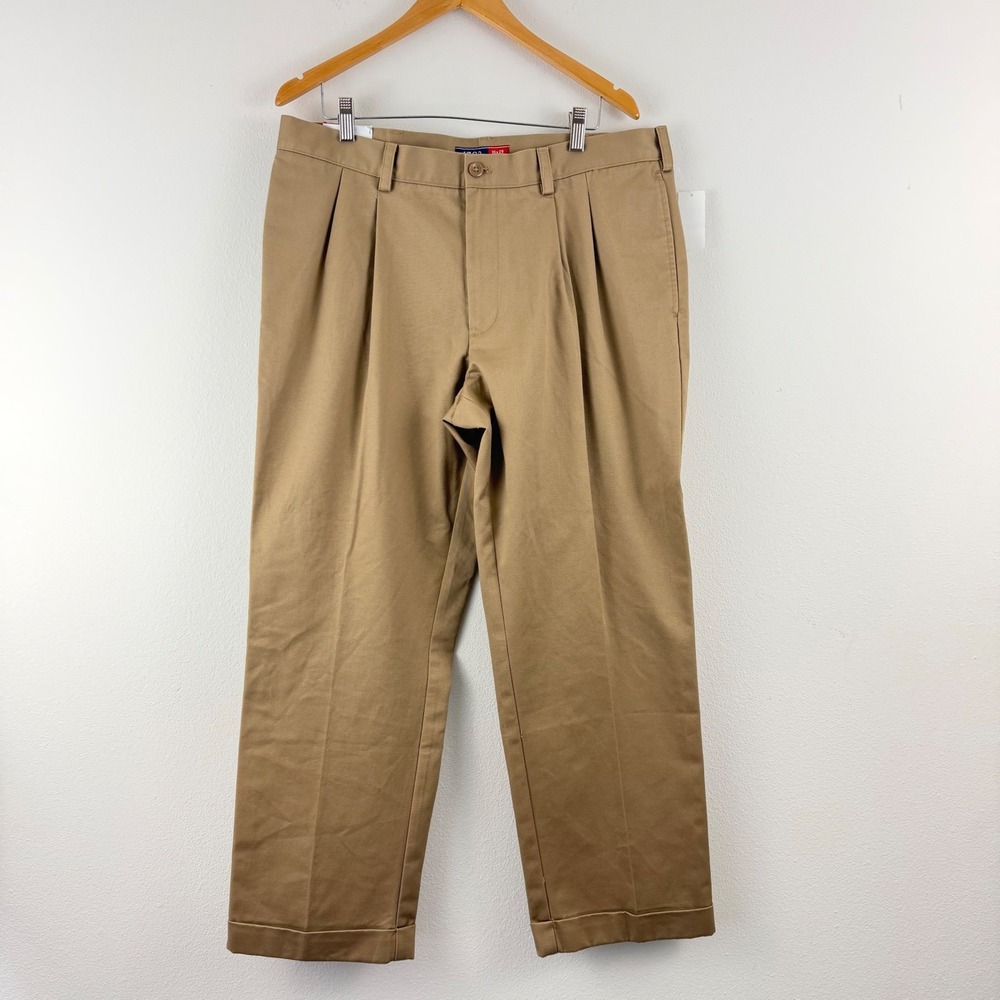 Izod American Chino Mens 36x29 Tan Khaki Double Pleat Non-Iron Cotton Pants
